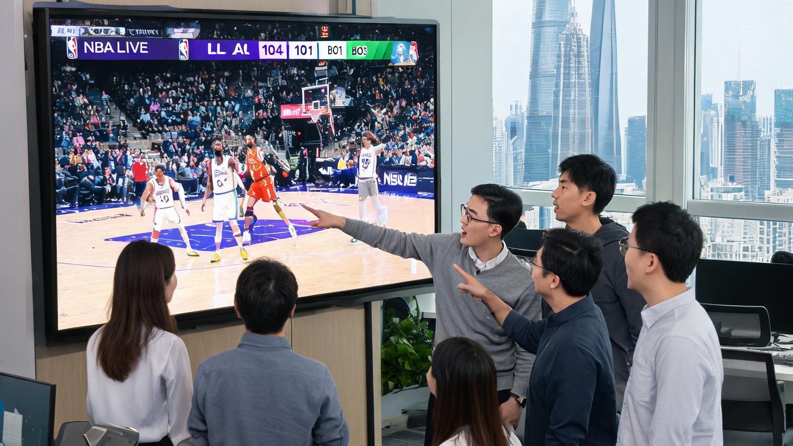 开云体育上海办公室内，团队成员正在大屏幕前讨论NBA赛事直播画面，气氛专注而热烈