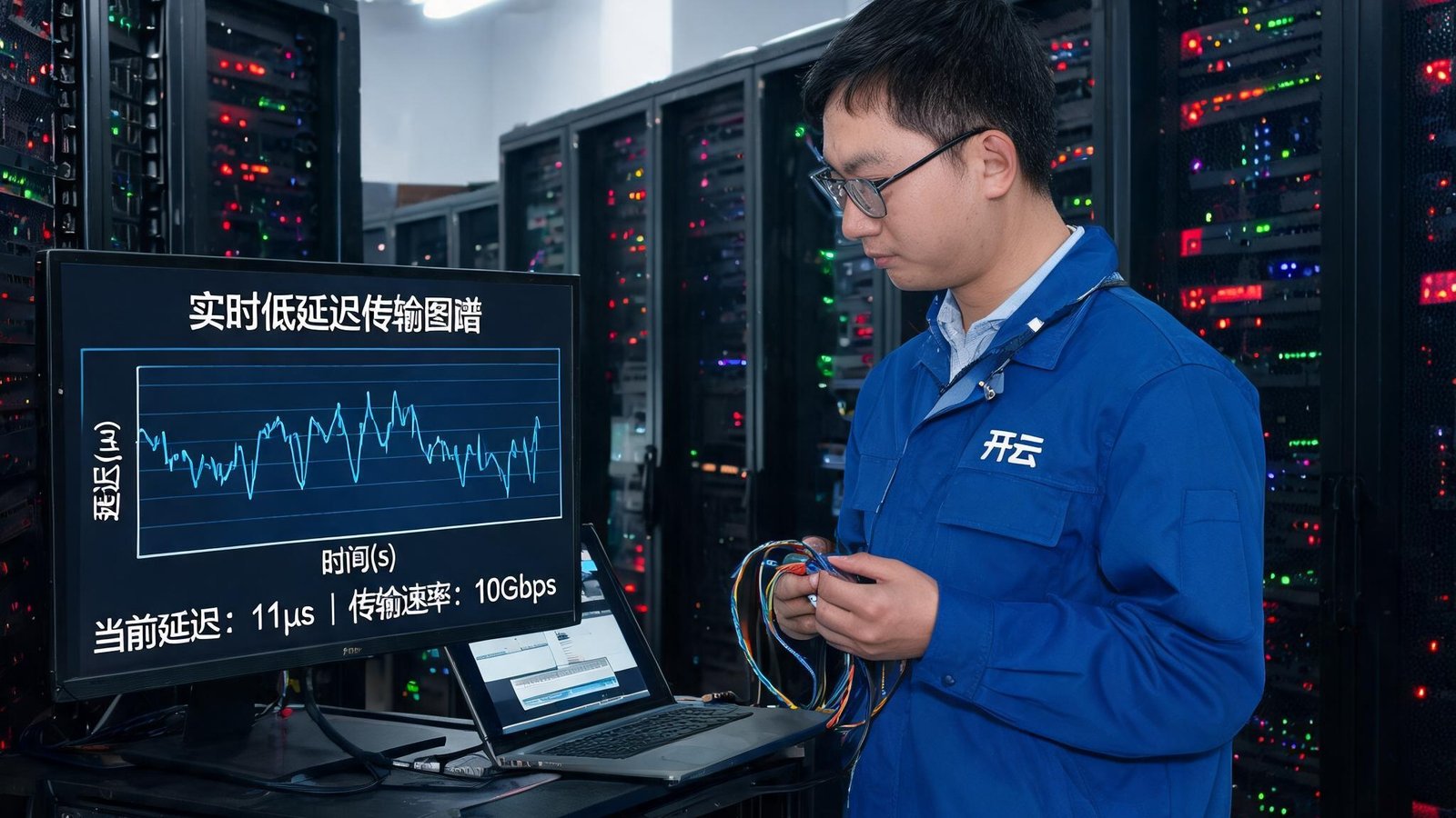 开云技术工程师在机房内调试低延迟传输设备，屏幕显示实时数据传输图谱